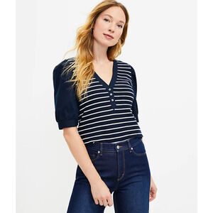 Loft Women's Henley Mixed‎ Media Top Size Small Blue Striped V-Neck